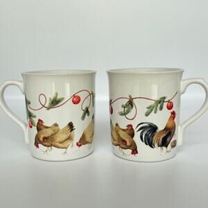 Vintage 1995 Marjolein Bastin Chicken Rooster Farm Holiday Mugs (2)